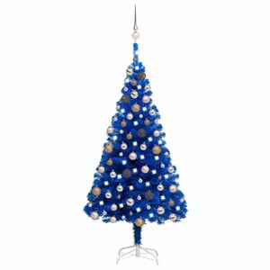 vidaXL kék PVC megvilágított műkarácsonyfa gömb szettel 150 cm kép