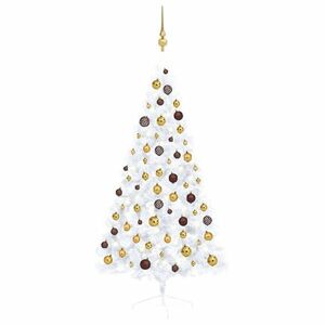 vidaXL fehér megvilágított fél műkarácsonyfa gömb szettel 150 cm kép