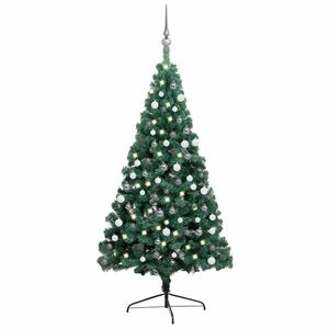 Zöld megvilágított fél műkarácsonyfa gömb szettel 120 cm kép