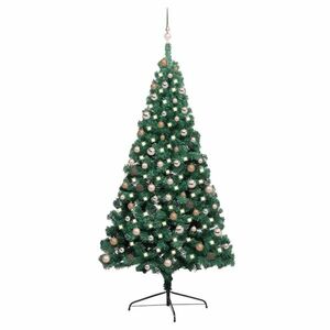 vidaXL zöld megvilágított fél műkarácsonyfa gömb szettel 210 cm kép