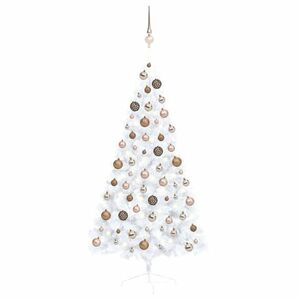 vidaXL fehér megvilágított fél műkarácsonyfa gömb szettel 150 cm kép