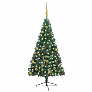 vidaXL zöld megvilágított fél műkarácsonyfa gömb szettel 210 cm kép