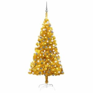 vidaXL aranyszínű PET megvilágított műkarácsonyfa gömb szettel 150 cm kép