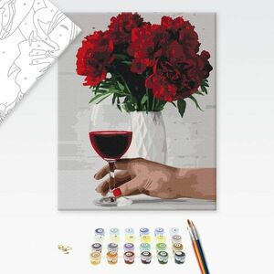 Festés szám szerint pünkösdi rózsa virágai egy pohár borral kép
