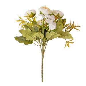 5 ágú hortenziás tearózsa selyemvirág csokor, 25cm magas - Fehér kép