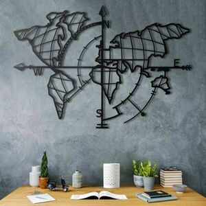 World Map Compass - Black Fali fém dekoráció 95x65 Fekete kép