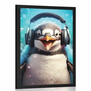 Plakát pingvin fülhallgatóval kép