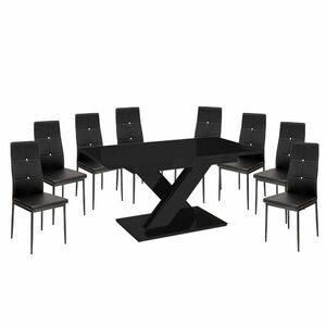 Maasix BKG Magasfényű Fekete 8 személyes étkezőszett Fekete Elvira székekkel kép