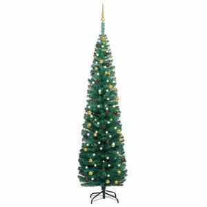 Zöld vékony műkarácsonyfa LED-ekkel és gömbökkel 240 cm kép