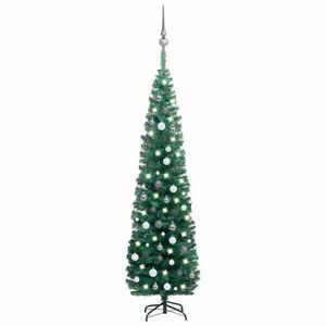 Zöld vékony műkarácsonyfa LED-ekkel és gömbszettel 210 cm kép