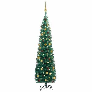 Zöld vékony műkarácsonyfa LED-ekkel és gömbszettel 180 cm kép