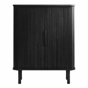 Fekete szekrény tolóajtóval, tölgyfa dekorral 113x90 cm Cavo – Unique Furniture kép