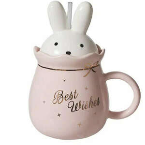 Pufo Bunny kerámia bögre fedővel, kávéhoz vagy teához, 500 ml, ró... kép