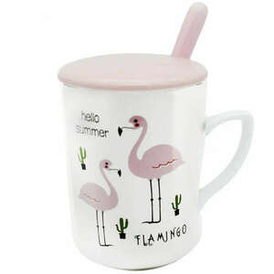 Bögre kerámia fedéllel és Pufo Flamingo Nyári kanál kávéhoz vagy... kép