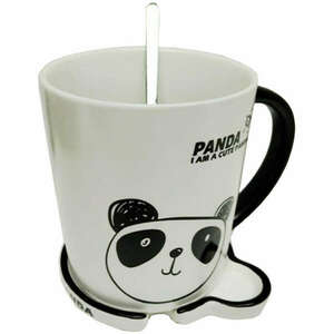 Bögre kerámia tetővel és kanál Pufo Lonely Panda kávéhoz vagy teá... kép