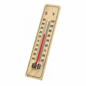 Háztartási hőmérő, fa, külső, belső kép