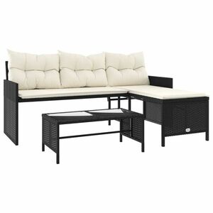 vidaXL L-alakú fekete polyrattan kerti kanapé asztallal és párnával kép