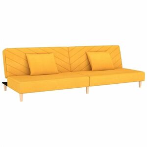 Kétszemélyes sárga szövet kanapéágy két párnával kép