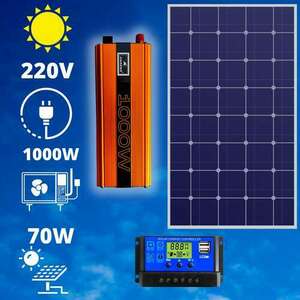 220V/12V napelem rendszer 70W panel 1000W inverter + töltésvezérlő kép