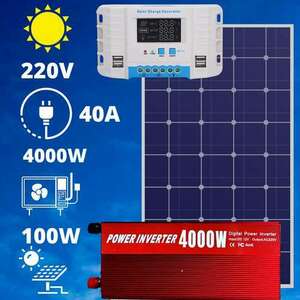 220V/12V napelem rendszer 100W panel 4000W inverter + 40A töltésv... kép