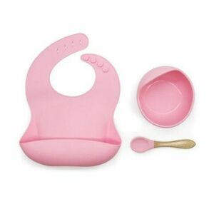 Szilikon étkészlet babáknak, állítható előke és vákuumtalpas tányér kanálkával rózsaszín kép