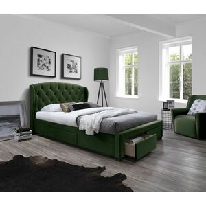 Kétszemélyes ágy, tárolóhellyel, bársonyszövet, steppelt, sötétzöld, dió, 160 cm - PLUTON - Butopêa kép
