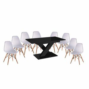 Maasix BKG Magasfényű Fekete 8 személyes étkezőszett Fehér Didier székekkel kép