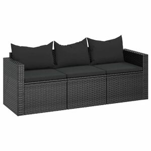 vidaXL 3 személyes fekete polyrattan kerti kanapé párnákkal kép