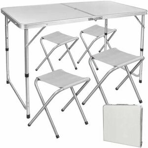 Trizand kempingkészlet, fehér, mdf asztallap, 4 székkel, esernyőlyukkal kép