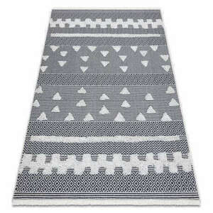 Fonott Sizal szőnyeg boho MOROC Geometriai 22321 rojt - két szintű gyapjú krém / сив, újrahasznosított szőnyeg 155x220 cm kép