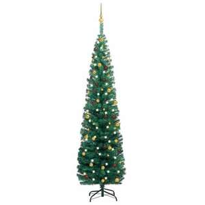 vidaXL zöld vékony műkarácsonyfa LED-del és gömbszettel 210 cm kép
