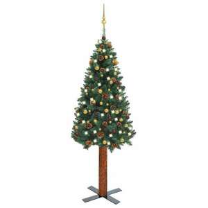 vidaXL zöld vékony karácsonyfa LED-del és gömbszettel 210 cm kép