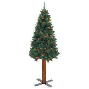 Zöld vékony pvc karácsonyfa valódi fával és tobozokkal 210 cm kép