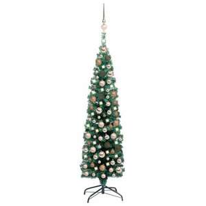 Zöld vékony műkarácsonyfa led-ekkel és gömbszettel 150 cm kép