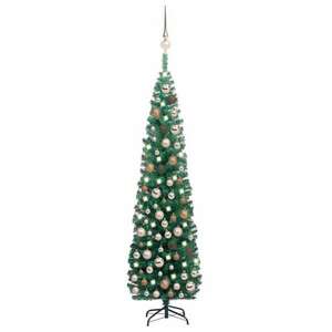 Zöld vékony műkarácsonyfa led-ekkel és gömbszettel 180 cm kép
