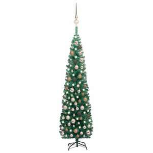 Zöld vékony műkarácsonyfa led-ekkel és gömbszettel 210 cm kép