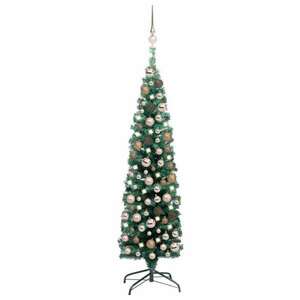 Zöld vékony műkarácsonyfa led-ekkel és gömbszettel 120 cm kép