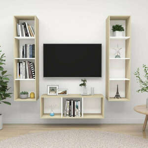 3 részes fehér és tölgyszínű forgácslap tv-szekrény szett kép