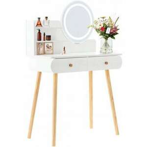 Fésülködőasztal/smink, fehér, kerek tükörrel és LED-del, 2 fiók, ... kép