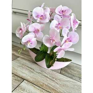 Rózsaszín 2 szálas orchidea dísz csónak kaspóban -élethű kidolgoz... kép