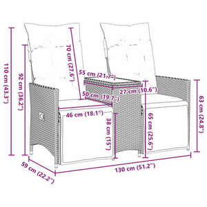 vidaXL 2 személyes bézs polyrattan dönthető kerti kanapé asztallal kép