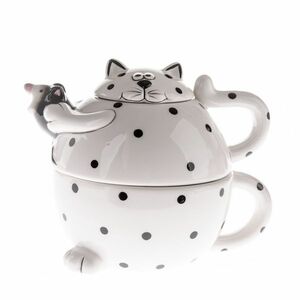 Macska kerámia teáskanna csészével, fekete pöttyös kép