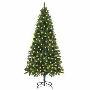 vidaXL zöld megvilágított műkarácsonyfa gömb szettel/tobozzal 210 cm kép