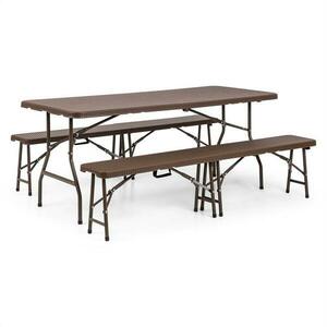 Blumfeldt Burgos, kerti bútor készlet, háromrészes, asztal+ két pad, acél, HDPE, összecsukható, barna kép