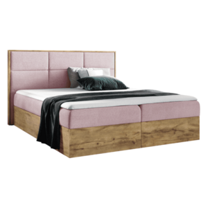 Boxspring ágy, 140x200, rózsaszín Kronos szövet/lancelot tölgy, WOOD 2 kép