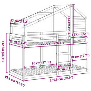 vidaXL viaszbarna tömör fenyőfa ágy emelettel és tetővel 90 x 200 cm kép