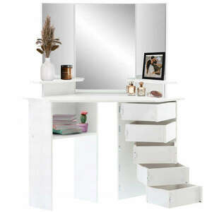 Sarok fésülködőasztal, tükörrel és polcokkal, 5 praktikus csuklós fiók, 111x54x142cm, fehér kép