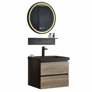 HD BlackWood 60 komplett fürdőszoba bútor fali mosdószekrénnyel, fekete mosdóval és tükörrel kép
