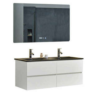 HD Hongkong Duo White 120 komplett fürdőszoba bútor fali mosdószekrénnyel, dupla fekete slim mosdóval és tükörrel kép
