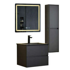HD HongKong Antracit 60 komplett fürdőszoba bútor szett fali mosdószekrénnyel, fekete slim mosdóval, tükörrel és magas szekrénnyel kép